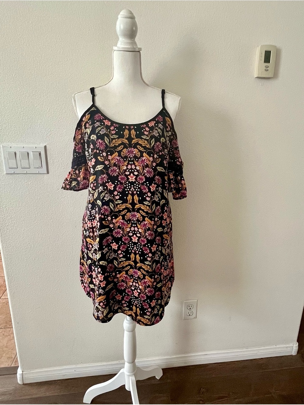 Black Floral Cold-Shoulder Dwith Pink and Gold Accents women top